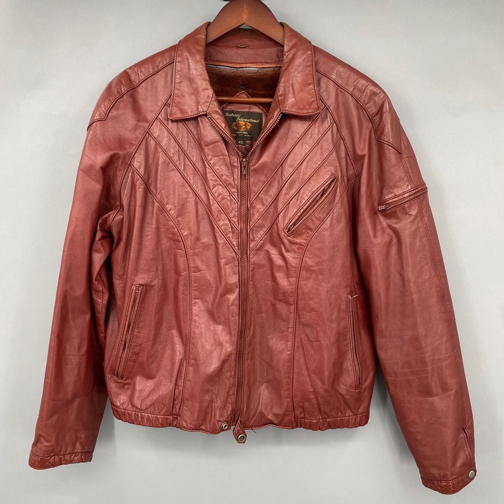 Vintage 70s 80s Mens Red Genuine Leather Faux Fur Lined Bomber Jacket Size 46